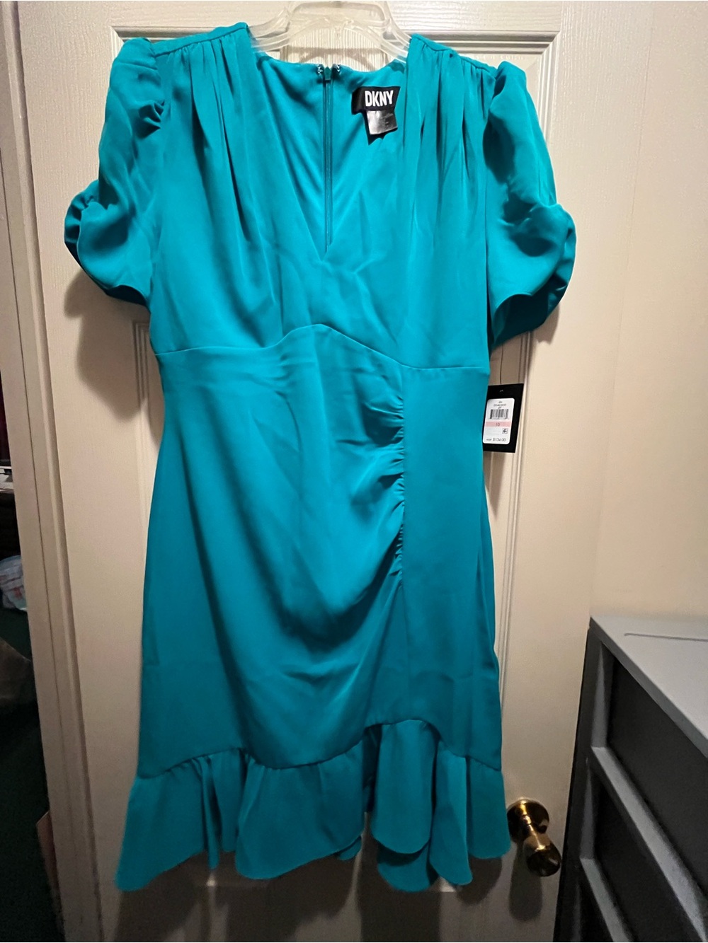 DKNY Teal Ruffle-Hem Puff Sleeve Midi Dress